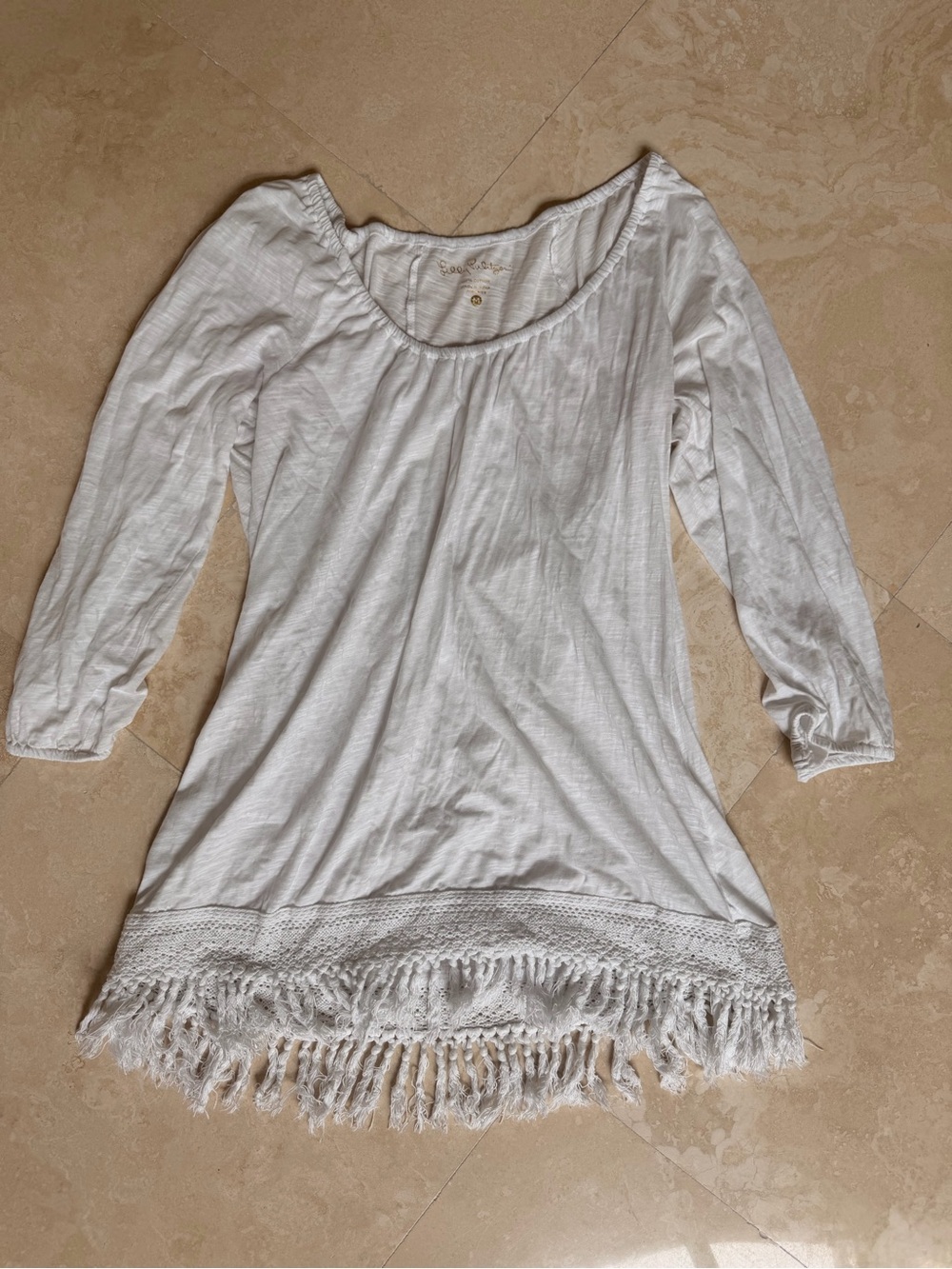 Lilly Pulitzer White Scoop-Neck Fringe-Hem Top - M